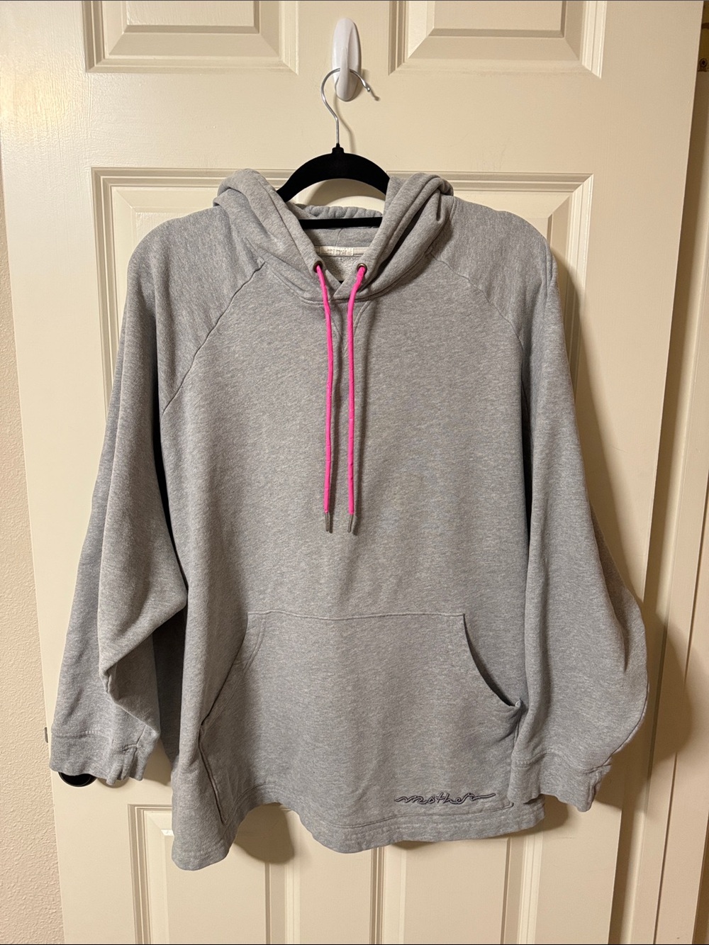 MOTHER The Cocoon Hoodie in heathered grey with Hot Pink Drawcords